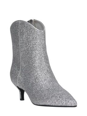 Silver Glitter Pointed-Toe Kitten Heel Ankle Boots - Women